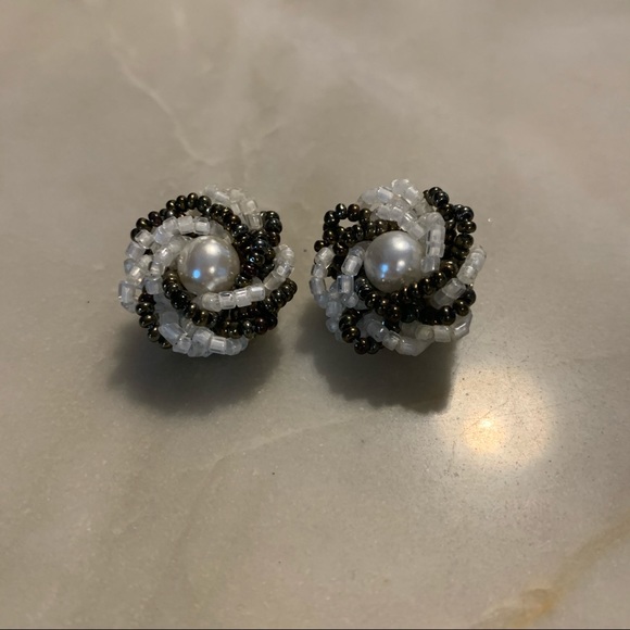 Vintage Beaded & Pearl Clip-On Earrings - Picture 1 of 3
